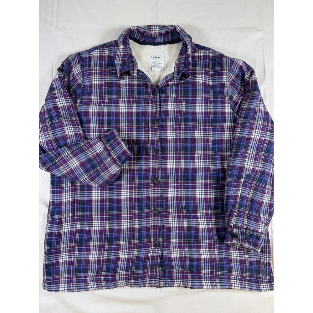 LL Bean Women's Sherpa Lined Flannel Shirt Jacket Purple Plaid Petite Medium